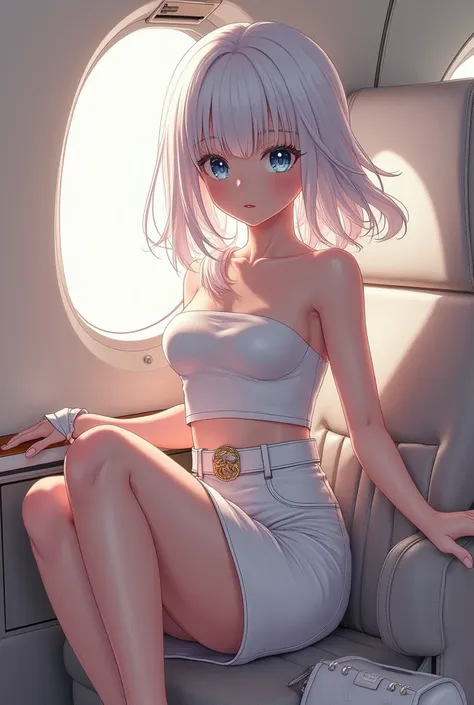 Long white hair, blue eyes, shortstack, anime, child, wearing a white tube top, white pencil skirt, Gucci belt, with a Gucci white purse, private plane, sitting, legs crossed, and white open toe platform high-heel stilettos, flickering hair.