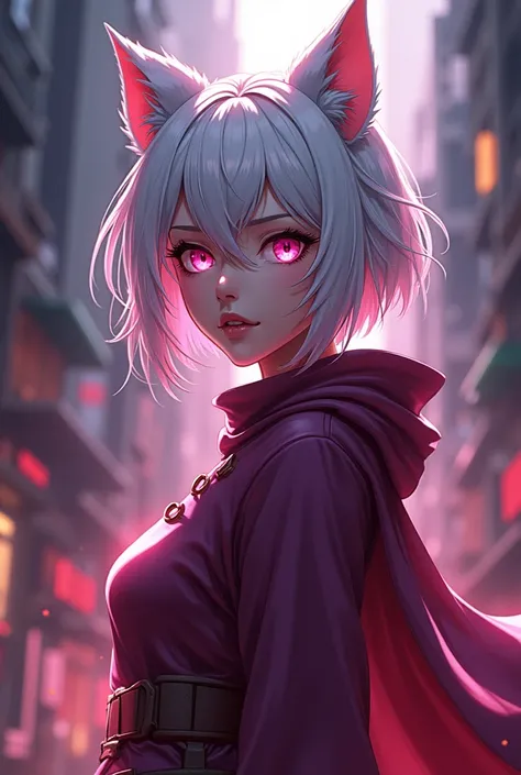 Woman with pink Eyes White Hair 
In Anime My Hero acadmia Style 
She Looks really powerfull 
She has a wolfcut 
She is wery pretty 
And daingores
She dont have Short Hair
She is Not a CAT 
She is a Dragon 
She dont have cat ears