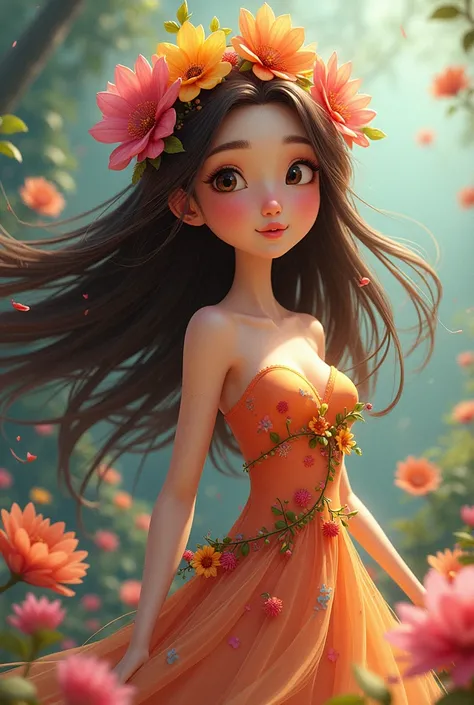 Brunette woman in flower costume Long hair, Animated style, 