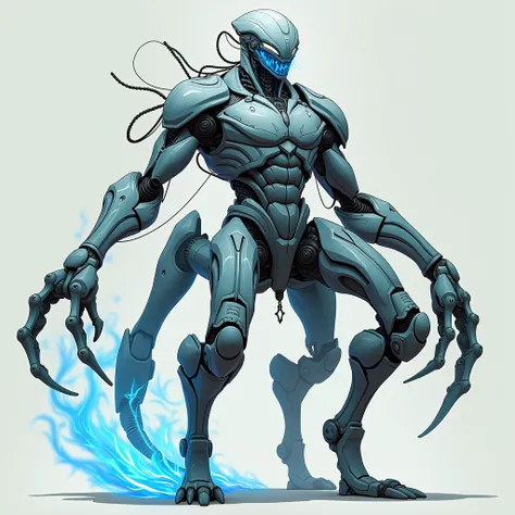 Draw a male deity with robotic features, His face is humanoid with human features and his mouth is shaped like a spider&#39;s mouth., your body has measurements of an inverted triangle and is muscular and has advanced robotics. It has five humanoid legs an...