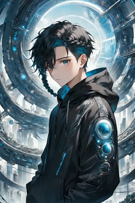 1boy with braided hair wearing a black hoodie in a futuristic 10k year world 