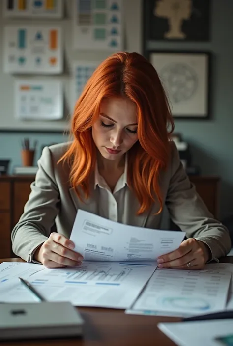 A RED-HAIRED WOMAN ANALYZING THE JOBS OF AN ORGANIZATION AND CLASSIFYING THEM 