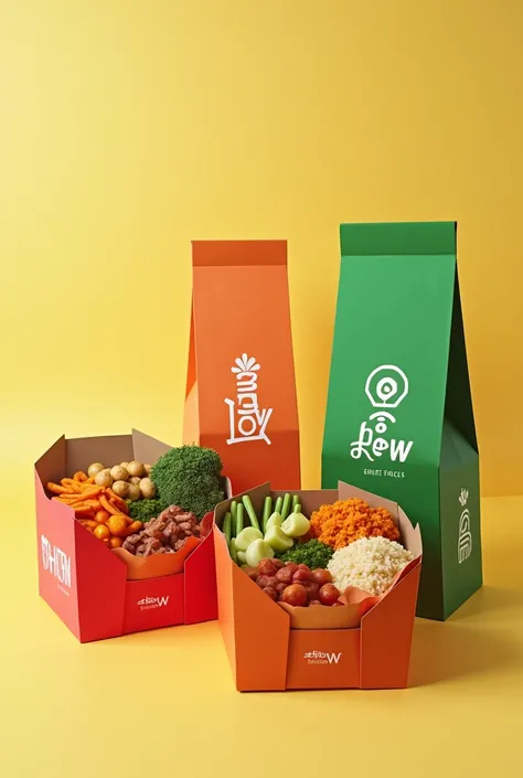 I would like to create an orange breakfast food packaging, green lunch and red dinner fitness called Fitbox that refers to healthy food, tasty and organic that is a hit in gyms