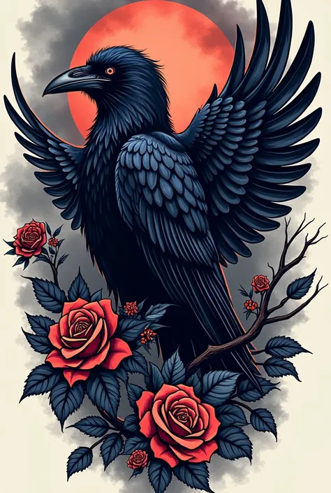 Raven tattoo design in neotraditional style with sinister background