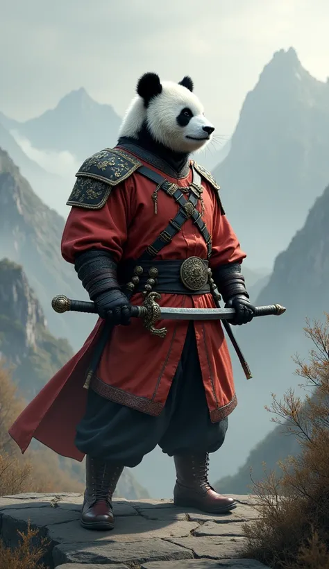 A panda-headed soldier with a human body, in traditional Chinese military attire, standing in a defensive pose on the Great Wall, with mountains and mist in the distance, symbolizing silent strength.