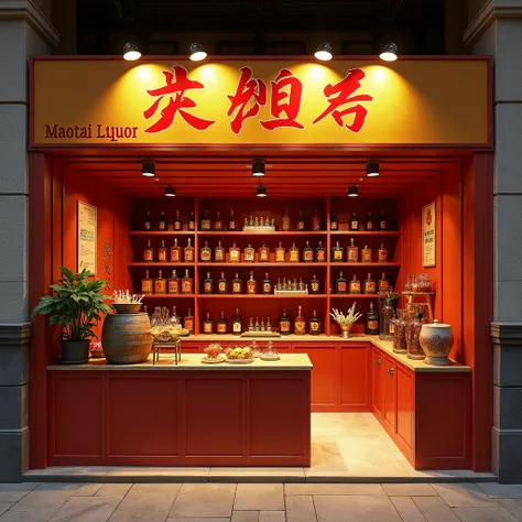 Create an image of a stall selling Maotai Xiatu barrels. Booth should have:

Design: Traditional style combined with modern, with the main colors being red and yellow.
Interior: Wooden shelf displaying Maotai wine barrel, with some bottles of wine standing...