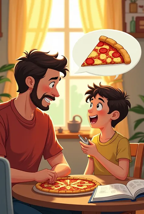 Quadrinho 1:  make an image with father and son talking about pizza fractions and comic book story images, put the caption on the image"Hey, filho! What do you think about fractions??"put speech bubble