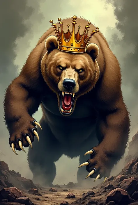 (best quality), Angry Big obese Kodiak Bear, Golden Crown, (Left-eyeball squint:1.5), Sharp Claws, fluffy body, Horror background:1.2, Comic style, Illustrated style:1.2, Pop illustrations:1.1