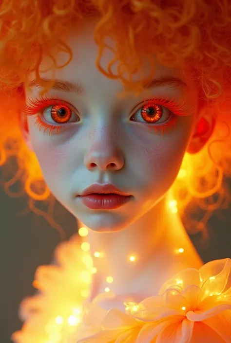 albino girl(afrocentric), luminous, orange hair, orange eyeslashes, epic light and shadow, glowing
