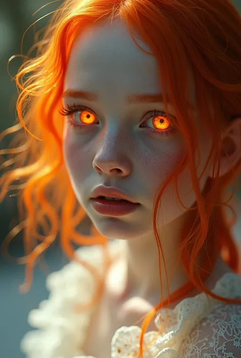 albino girl, luminous, orange hair, orange eyeslashes, epic light and shadow, glowing, ethereal, voulmetric lighting, detailed, refine, unreal engine