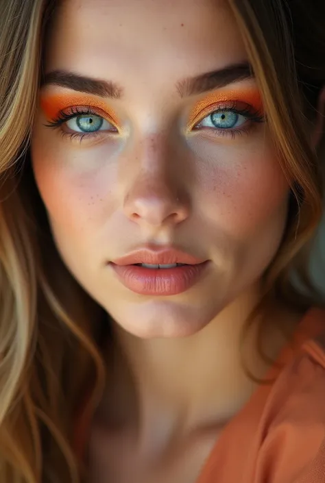  a close-up of a young woman with striking makeup. She has long, flowing hair and is showcasing a vibrant makeup look. Her eyes are accentuated with a warm orange eyeshadow, complemented by shimmering highlights. The woman has beautiful blue eyes that stan...