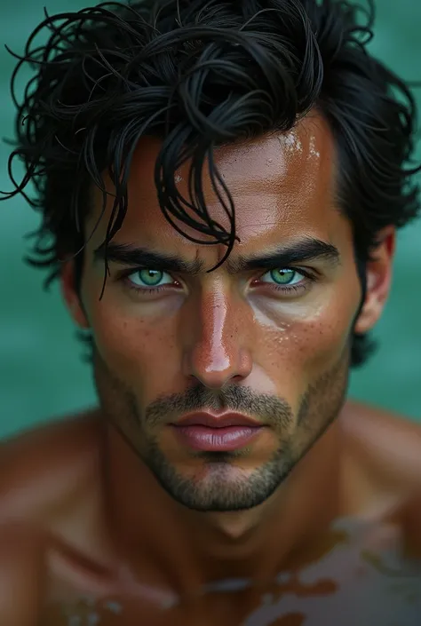 Beautiful man with emerald green eyes with wet hair and face 