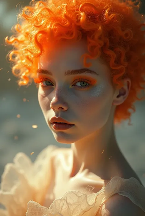 albino afrocentric girl, luminous, orange hair, orange eyeslashes, epic light and shadow, glowing, ethereal, voulmetric lighting, detailed, refine, unreal engine