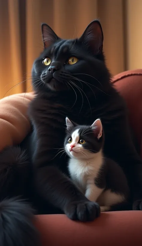 A little fluffy black and white kitten and his big black father cat sit on the sofa and watching tv 