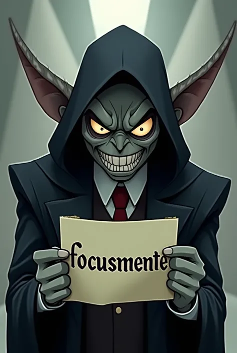 an evil motivational-focused animated character holding a paper written FocusMente.