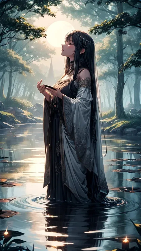 The night of the full moon: The full moon shines brightly over the pond, casting long shadows from nearby trees. The Lady of the Mist floats just above the water, Looking up, bathed in moonlight.