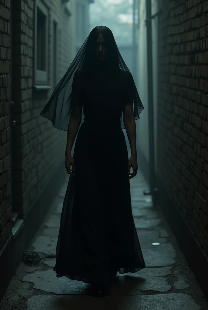 A mysterious and suspenseful woman dressed in a veil and black dress walking down an alley