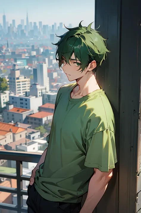 Dark green hair color, male, city background, Adult, Casual Wear