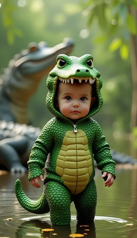 Create a detailed, photorealistic image of a baby in a vibrant crocodile costume, standing confidently in a lush wetland. The baby has big, bright eyes and is looking at the viewer, with adorable scales and a playful tail adorning the costume. Behind the b...