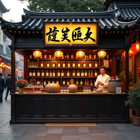 Create an image of a large stall selling Maotai Xiatu barrels located on a Chinese street. Booth should have: Design: Traditional Chinese style, with main colors being black and gold. Interior: Wooden shelf displaying Maotai wine barrel, with some bottles ...