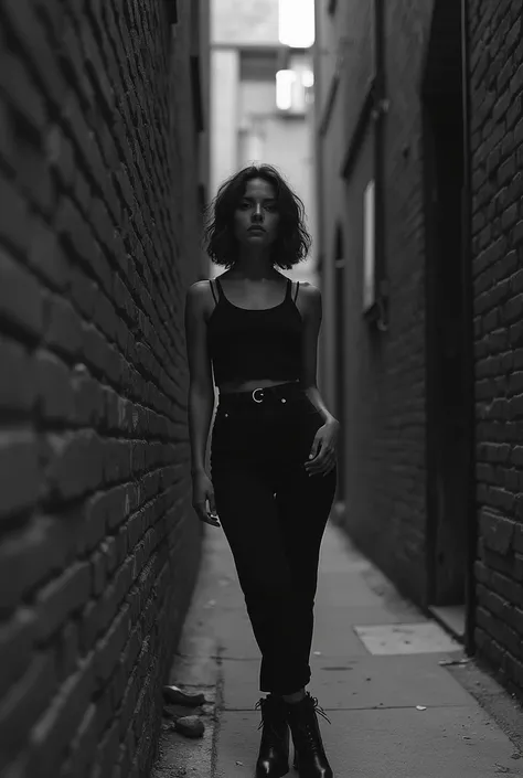 Woman in black pants leaning against a brick wall in an alley, leaning against the wall, leaning against the wall, shot with sigma f/4.2, shot with sigma f/4.2, black and white, shot with canon 50mm f/1.2, casual photography, shot with leica sl2, shot with...