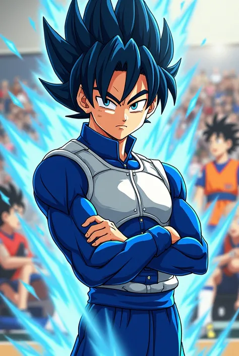 create YOICHI ISAGI&#39;S BLUE LOOK BY KEEPING HIS HAIRSTYLE, YOUR ROA AND ITS COLORS in the style of dragon ball drawing, without her hair standing up