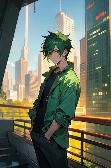 Dark jungle green hair color, male, city background, Adult, Casual Wear