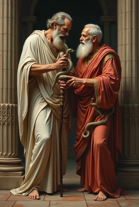 I would like to create an image of the Greek God Asclepius and his staff with a serpent, embracing the philosopher Hippocrates (father of medicine)