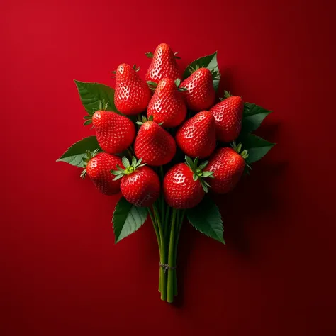 Bouquet of roses with strawberries instead of roses on a red background