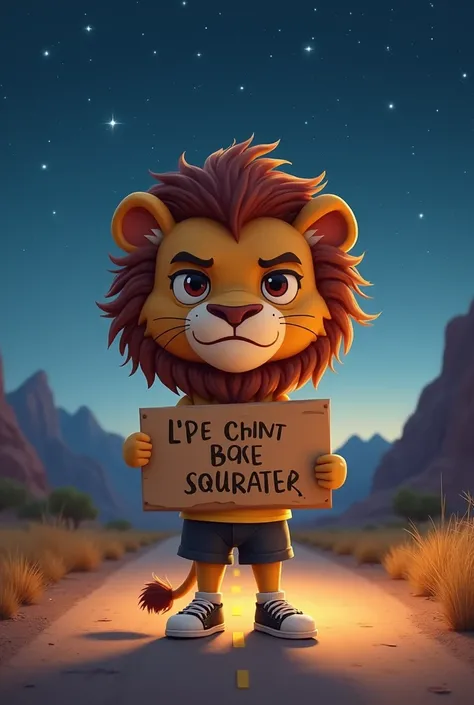 A cartoon lion chaild character stands on a deserted road at dusk, holding a sign that reads DONT RUN. The lion has a serious expression, featuring big, intense eyes and a thick mane. It wears a yellow shirt and black shorts, with cartoonish shoes. The bac...