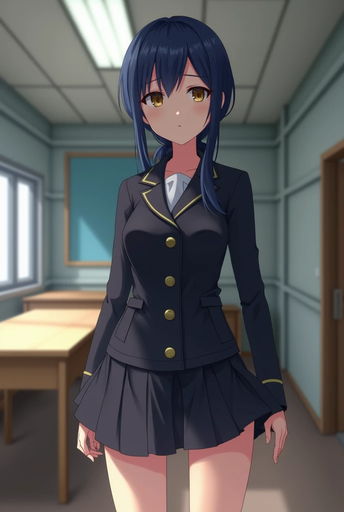 1girl, solo, Laura S. Arseid (long dark blue hair, ponytail and side Bang, small boobs), (inspired by trails of cold steel) in a school dress showing off her panties, in a military school, embarrassed