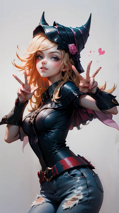 The beautiful dark mage Gils making the peace and love sign with her fingers. She smiles in a sexy pose while making the peace sign with her hands., He smiles and is flirtatious. She is dressed in dark, skinny jeans and heels 