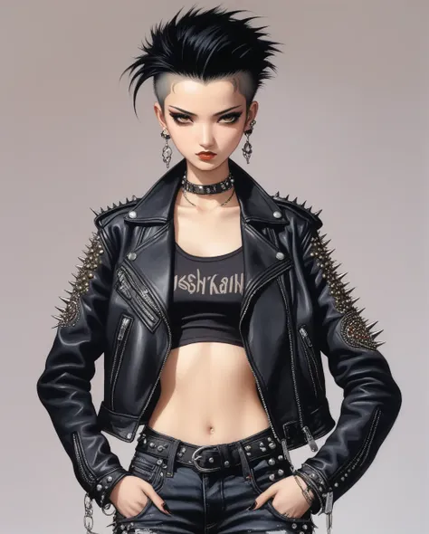 amano yoshitaka, studded punk style
a saudi arabian girl with short black hair slicked back, wearing a black leather jacket with...