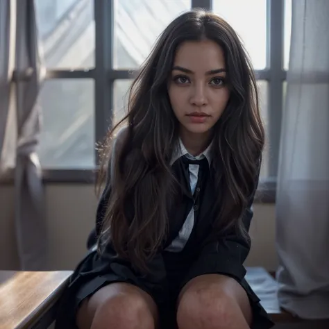 1girl, black school uniform, sitting in classroom, beautiful detailed eyes, beautiful detailed lips, extremely detailed face, lo...