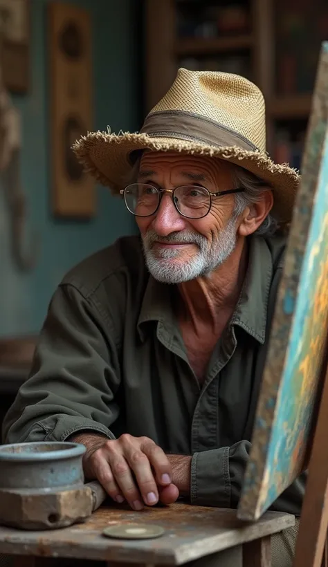 An old artist closed his eyes while smiling. He used to sit down every afternoon to draw on his canvas. He wore lead-colored glasses and his straw hat., worn by time.