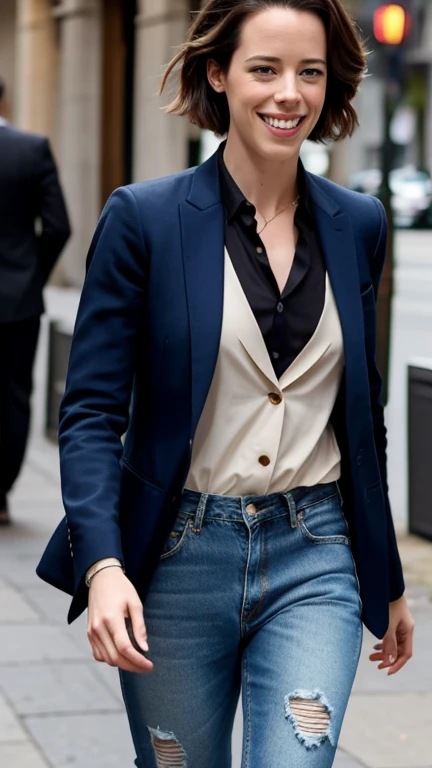 Rebecca Hall wearing stylish blazer and ripped jeans, with her hair in a sexy formal cut and smiling