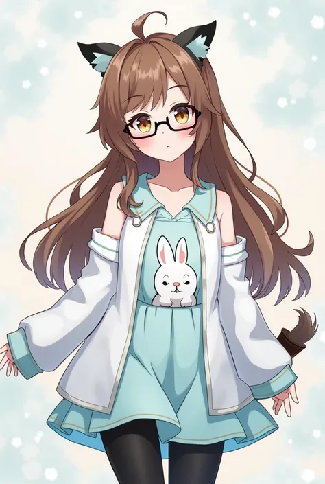 Long brown hair and white and light blue clothes with a rabbit drawing on the clothes and black glasses, black pants and that it is anime