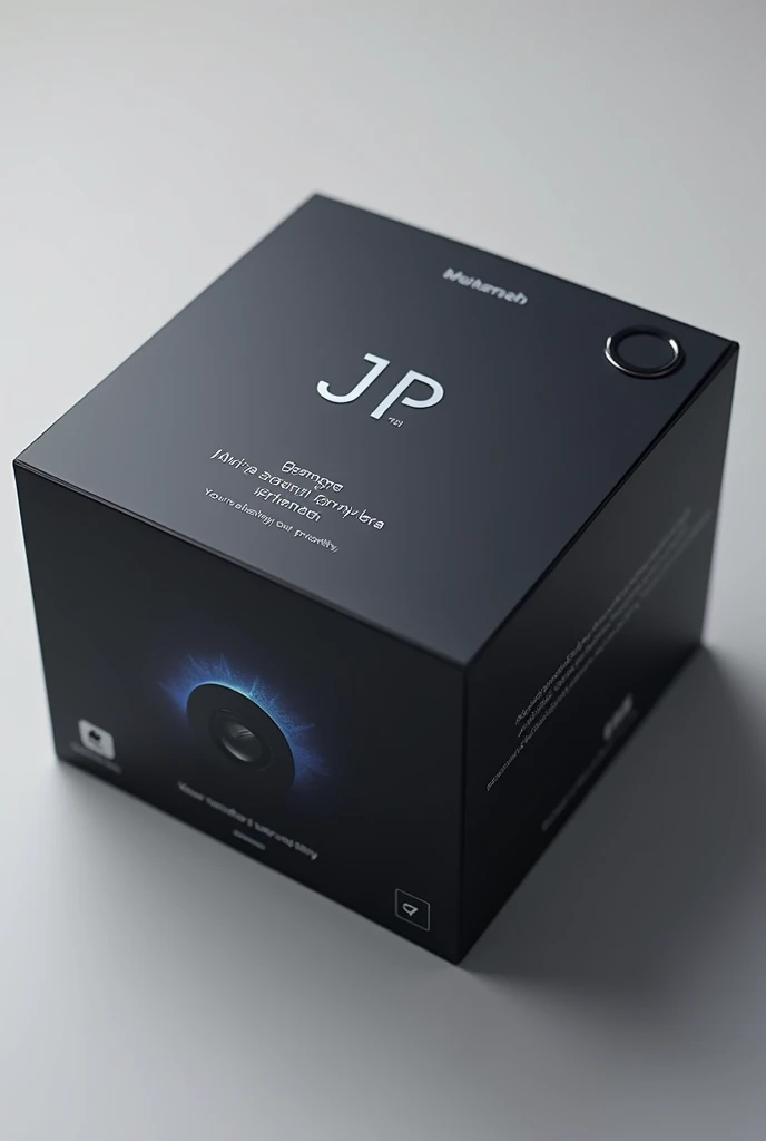 Packaging should immediately convey the idea of protection, confiabilidad y advanced technology. Imagine a box with a minimalist and elegant design, predominantly in black and grey tones that denote seriousness and sophistication, Combined with dark blue o...