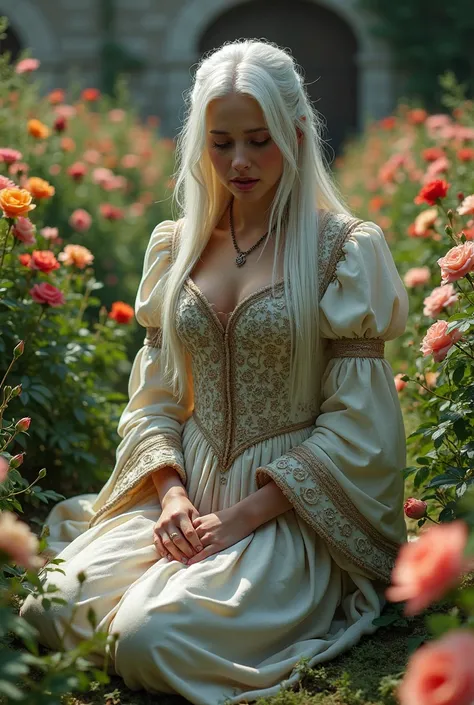 White haired crying kneeling woman in flower garden in medieval dress