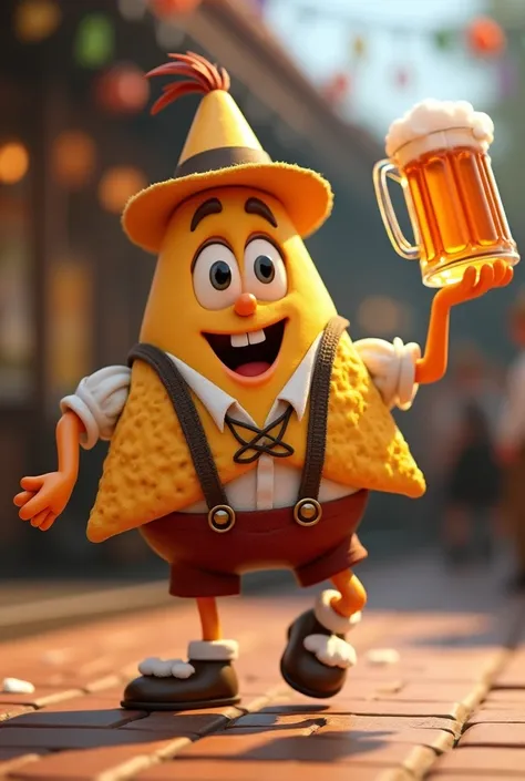 Animated Nacho in the shape of a triangle dressed in traditional German clothing with a beer in his hand dancing