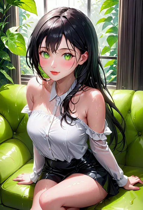 ((Premium, 8K, masterpiece:1.3)), Beautiful girl, Pure, melon face, Soft and cute, A sweet and sensual smile, Pure lust, slender figure, (The upper body), (Facade), (head tilted), Look directly into the camera, sexy white blouse, black thigh-high short ski...