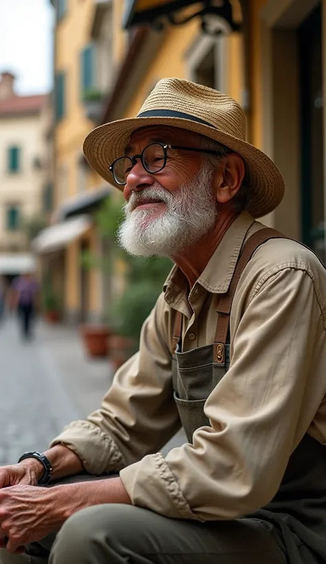 An old artist closes his eyes while smiling. He used to sit every afternoon in the square to draw on his canvas. He wears lead-colored glasses and his straw hat., worn by time.