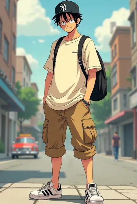 Luffy wearing a Fear of God Essentials shirt and brown cargo pants, a black Yankee cap and some Adidas sneakers