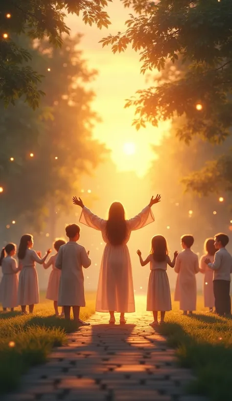 A warm scene in a park, where a person has their hands raised in a gesture of blessing, surrounded by smiling family and friends. Every person around shines softly, symbolizing the blessing received. No fundo, different paths cross, representing the differ...