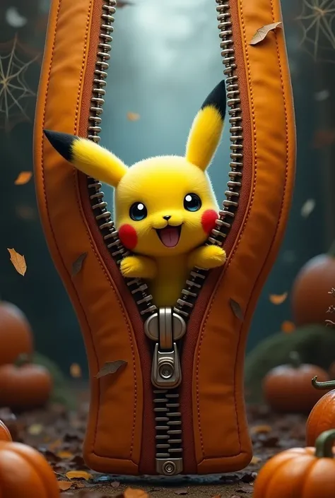 Créez Pikachu dans une fermeture éclair thème halloween effet réaliste couleur jaune orange 