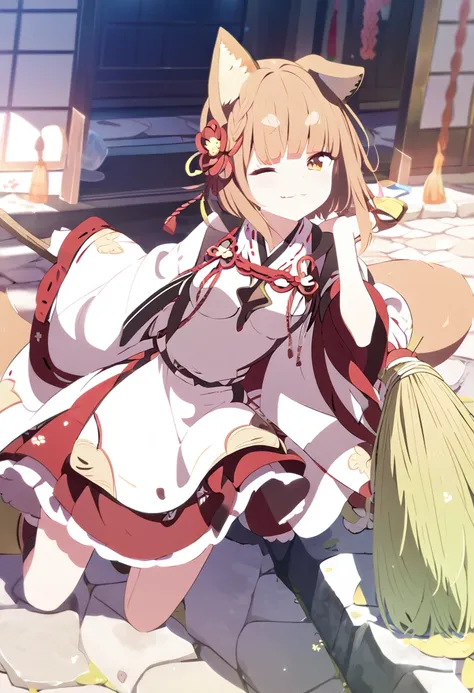 Masterpiece、、Shrine Maiden Costume、shrine、Fox ears and tail、A cute single fang、Very small breasts、Brown Hair、An innocent smile、fun、Holding a broom and cleaning、Asahi、White light source