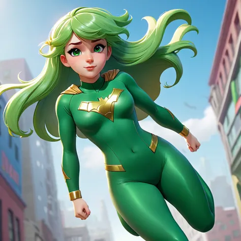 Femboy superhero, wearing tight onesie uniform, green coloured hair, anklet, flying, petite curvy figure. Intricate details, 4k