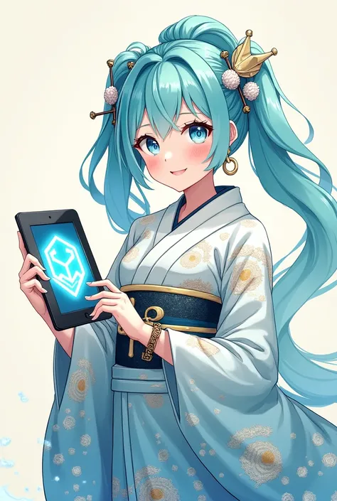 Aiko, the enchanting mascot of SeaArt, strikes a dynamic pose with her aqua and white hair flowing like ocean waves. Her bright, expressive eyes radiate creativity and curiosity. She wears a modernized kimono adorned with digital patterns and intricate emb...