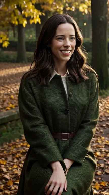 Rebecca Hall wearing clothes made of leaves with dark lipstick and smiling