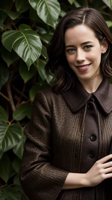 Rebecca Hall wearing clothes made of leaves with dark lipstick and smiling